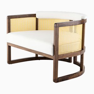 Livingston Walnut and Rattan and Linen Lounge Chair by Egg Designs