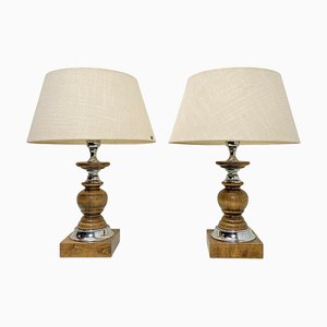 Spanish Turned Oak and Chromed Table Lamps, 1960s, Set of 2