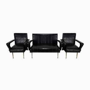 Mobilier de Salon Vintage en Similicuir Noir, 1960s, Set de 3