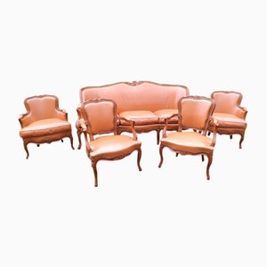 Regency Tan Leather Living Room Set, 1950s, Set of 5