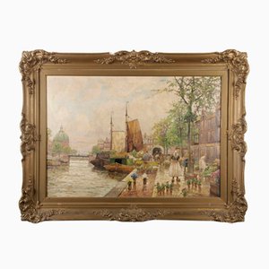 R. Hornemann, Flower Market on the Canal in Amsterdam, 1900s, Oil on Canvas