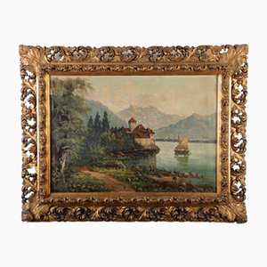 Landscape with Chateau Chillon Leman Lake, Switzerland, Oil Painting on Canvas, Early 20th Century, Framed