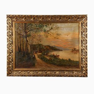 A. Fournier, Mountain Lake with Rowing Boats and River, 1950, Oil on Canvas