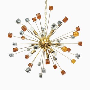 Goldene Sputnik Hängelampe aus bernsteinfarbenem und schwarzem Muranoglas von Simoeng