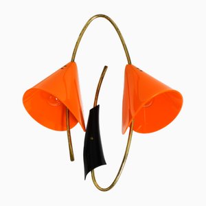 Large Italian Mid-Century Modern Brass Wall Lamp with Orange Acrylic Glass Shades, 1950s