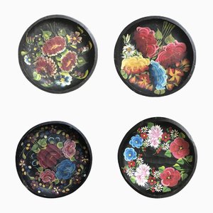 Mexican Wooden Plates with Hand-Painted Floral Design, Set of 4