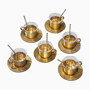 Servizio da tè Mid-Century in ottone patinato e vetro, anni '60, set di 6