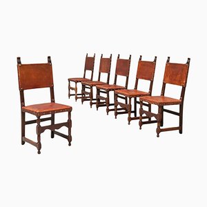 Spanish Chairs in Oak, Leather and Brass, 1960s, Set of 6