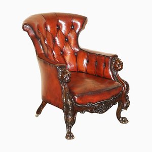 Antique Chesterfield Library Chair with Hand Carved Lions Head, 1840