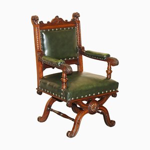 Antique English Hand Carved Throne Armchair in Green Leather, 1880