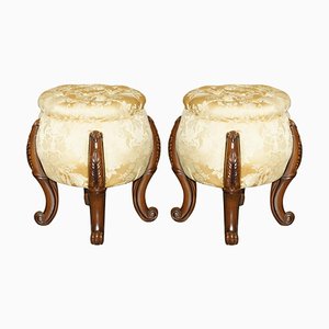 Set of Vintage Chesterfield Tufted Floral Upholstered Stools with Carved Frames