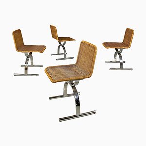 Modern Italian Chromed Steel and Rattan Chairs, 1970s, Set of 4