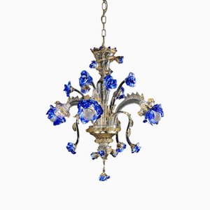Venetian Blue and Gold Flowers Murano Style Glass Chandelier by Simoeng