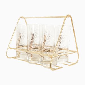 Vasos Art Déco con decoración en oro veteado y soporte de latón, años 60. Juego de 7