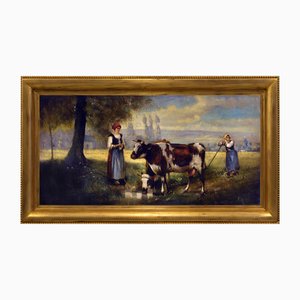 Emilio Pergola, Scena pastorale con mucche, anni '90, Olio su tela