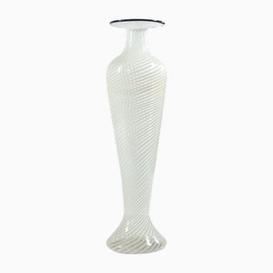 Tall Half Filigree White Strips Murano Vase, 1960s