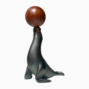 Vintage Figural Seal Corkscrew in Copper and Teak, 1950s