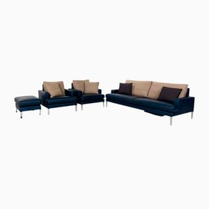 Clarus 3-Seater Sofa, Lounge Chair and Pouf in Blue and Brown Leather from FSM, Set of 4