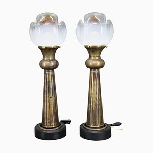 Italian Brass Table Lamps with Glass Shades, 1940s, Set of 2