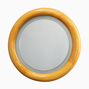 Italian Round Mirror in Wooden Frame with Light, 1970s