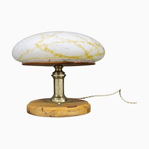 Brass Table Lamp with Wooden Base and Glass Shade, 1940s