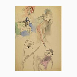 Mino Maccari, Figures, Watercolor & Charcoal, Mid 20th Century