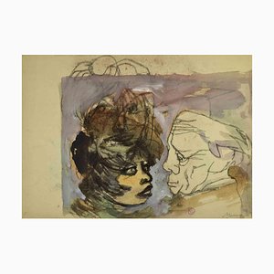 Mino Maccari, Lovers, Watercolor & Charcoal, Mid 20th Century
