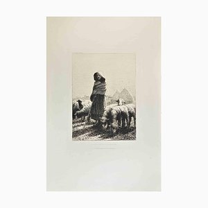 Jean-Ferdinand Chaigneau, Femme Gardant des Moutons, Etching, 1870s