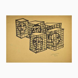 Mino Maccari, Prisoners, Marker Drawing, 1952