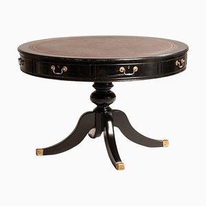 Neoclassical Style Round Black Wood Table with Leather Top, 1950s