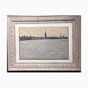 Boris Lavrenko, Backlight on the River, Northern European City, 1970s, Oil Painting