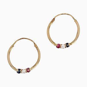 Modern Colored Sapphires 18 Karat Yellow Gold Creole Hoop Earrings, Set of 2