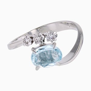 French Aquamarine Diamonds 18 Karat White Gold Asymmetrical Ring, 1970s