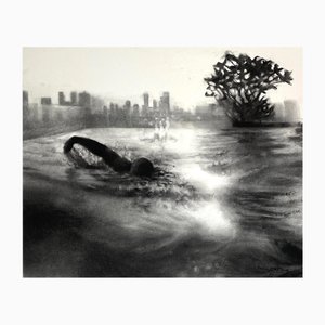 Patsy McArthur, City Swim Dusk, Charcoal Drawing, 2023
