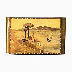 Boîte Ancienne avec Scène Populaire en Bois Marqueté, 1950