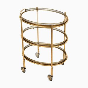 Mid-Century Modern French Oval Bar Cart in Brass and Crystal from Maison Jansen, 1950s