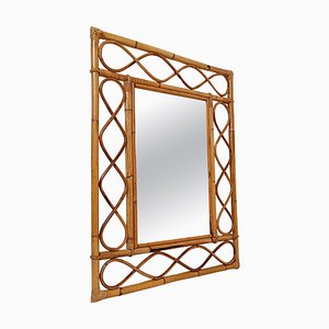 Miroir Mural Mid-Century Rectangulaire French Riviera en Bambou et Rotin, 1960s