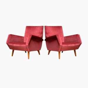 Set of Vintage Chairs in Coral Red Velvet and Beech by Gio Ponti for Asko, 1950s