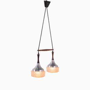 Mid-Century Danish Rosewood, Metal and Glass Dual Pendant Lamp, 1970