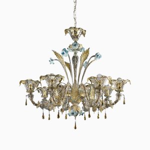 Venetian Transparent-Gold Chandelier with Leaves and Turquoise Flowers by Simoeng
