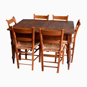 Antique Oak Wooden Dining Table with Six Chairs, Set of 7