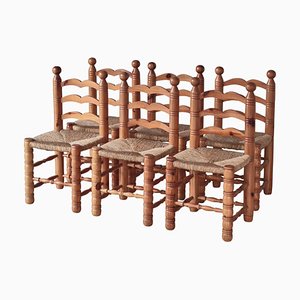 Vintage Swedish Dining Chairs in Seagrass and Pinewood, 1970s, Set of 6