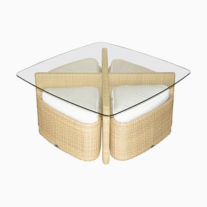 Garden Table and Stool Set on Wheels Glass with Wicker, Set of 5