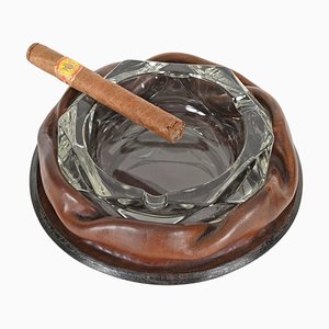 Adnet Brown Curved Leather and Crystal Glass Ashtray, 1950s