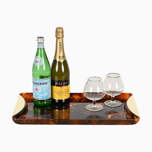 Large Tortoiseshell Effect Acrylic and Brass Serving Tray from Guzzini, 1970