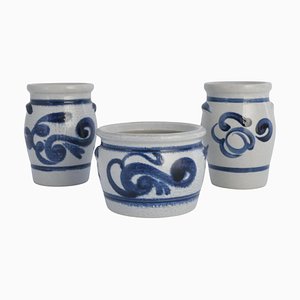 Stoneware Jars with Cobalt Blue Floral Motif from Westerwald, Germany, Set of 3