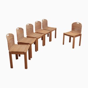 Curved Wicker and Wood Chairs, 1970s, Set of 6