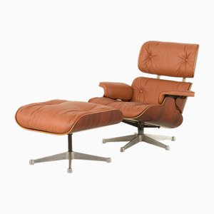 Set of Lounge Chair with Footstool in Aniline Leather by Charles and Ray Eames for Herman Miller, 1970s