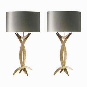Lampes de Bureau en Acier Forgé Fini Doré avec Abat-Jour Ovale en Soie par Porta Romana, Set de 2