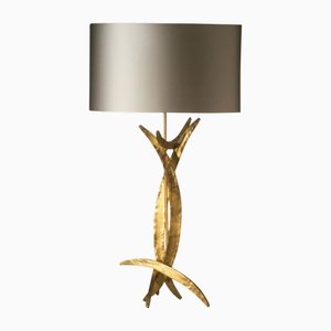Forged Steel in Bright Gold Finish Table Lamp with Oval Silk Lamp Shades by Porta Romana